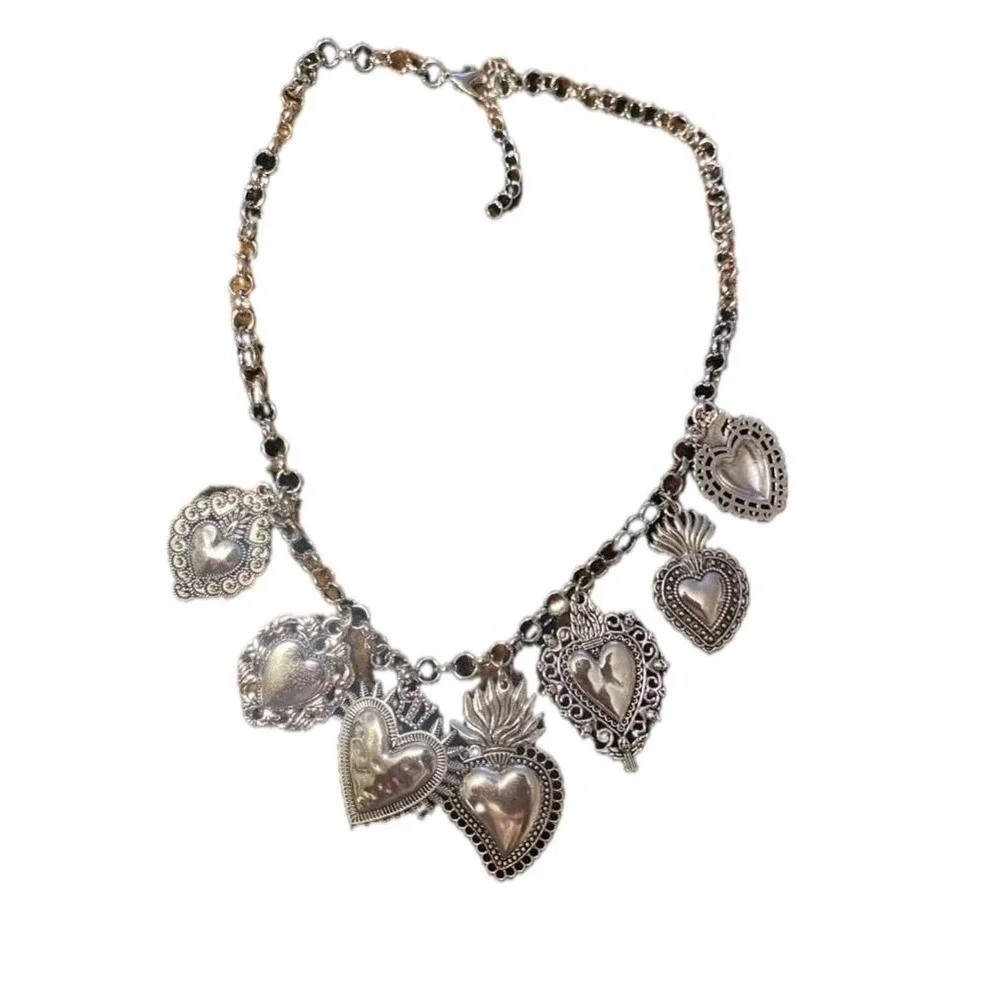 New Silver Corazon Sagrado Sacred Heart Charm Necklace Chunky Religious Spanish